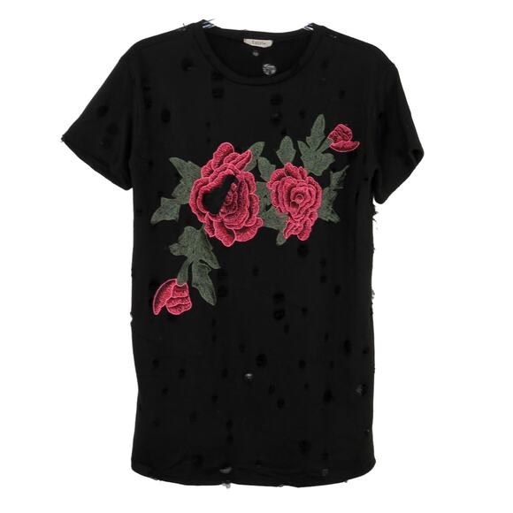 Urban Outfitters Black Embroidered Floral Rose Edgy Ripped Top Small - Picture 2 of 6